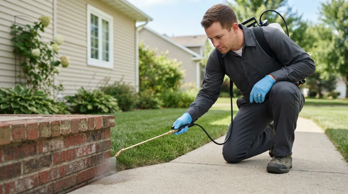 Pest control technician treating a home near Vancourt, TX