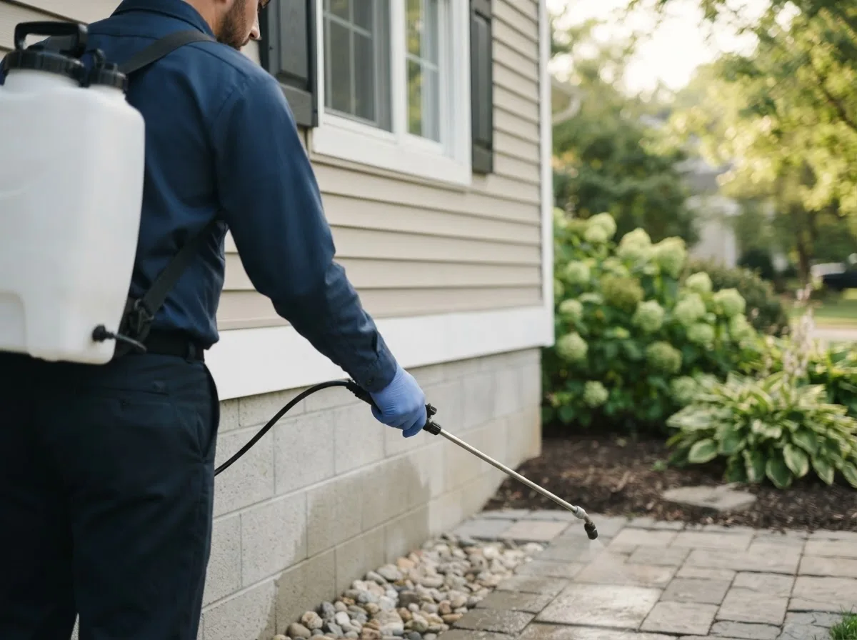 Pest control technician inspecting a home in Vancourt, TX